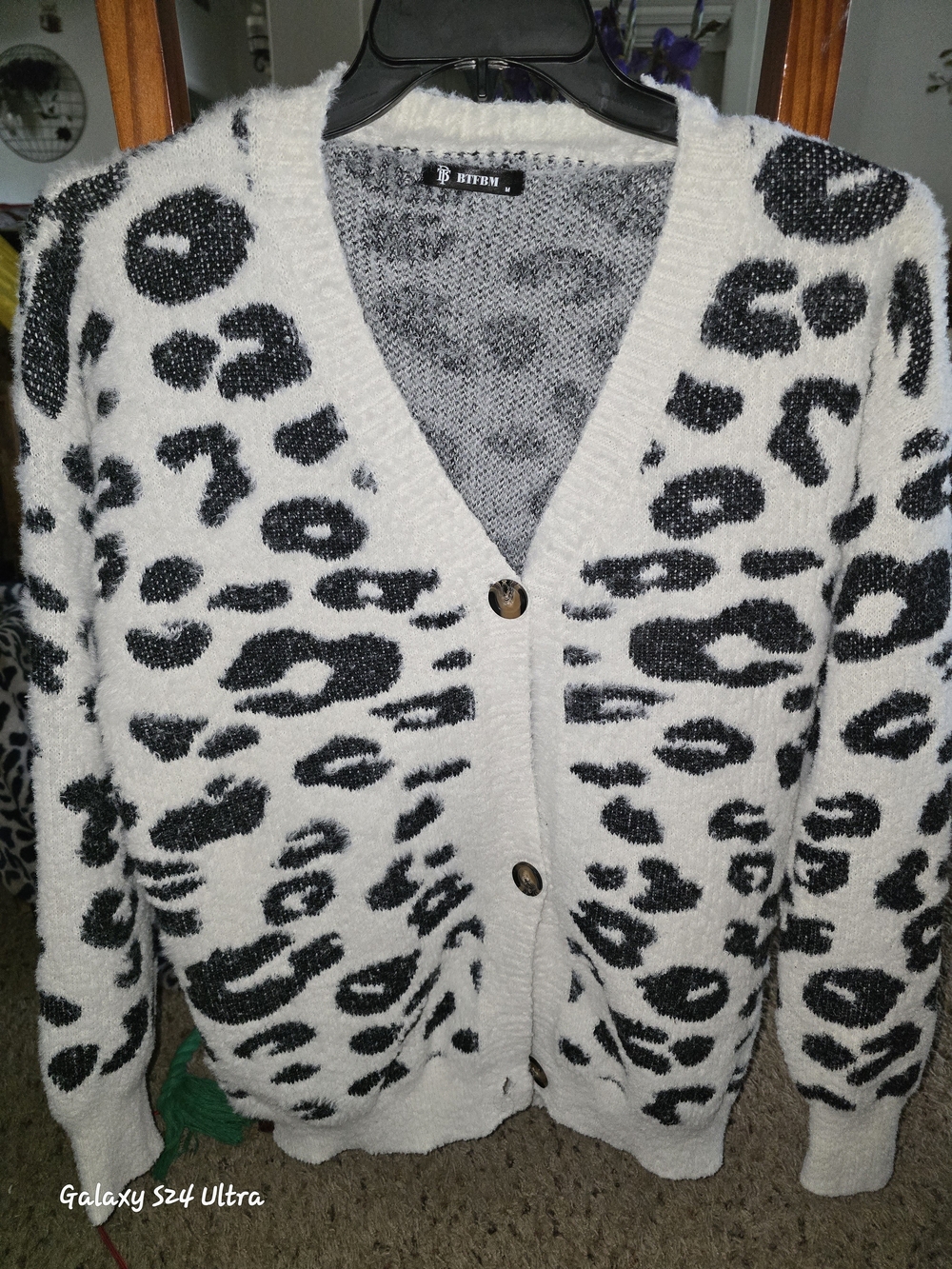 Black & White Leopard-Print Button Cardigan Sweater